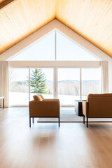 Fototapeta premium Modern living area with large windows offers stunning mountain views and natural sunlight