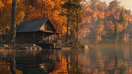 Fototapeta premium Autumn cabin retreat by serene lake nature photography tranquil environment
