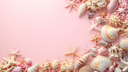 Obraz premium Pink background seashells starfish summer banner