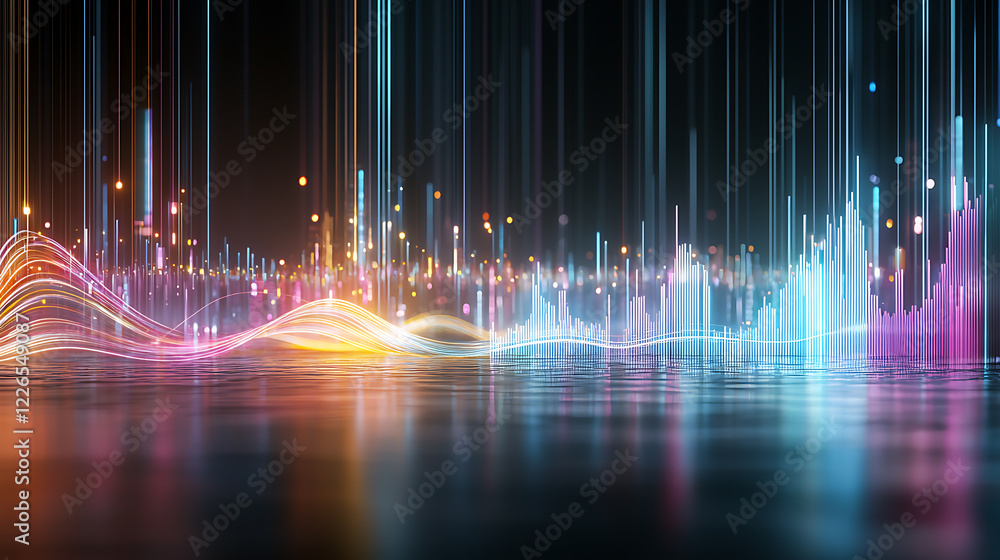 Poster dynamic light waves display urban environment abstract visuals nighttime colorful rhythm concept