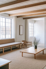 Fototapeta premium Modern and minimalistic living room design with natural light and wooden accents