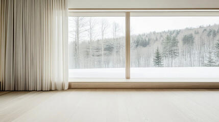 Fototapeta premium Minimalist interior with large window overlooking snowy forest landscape in winter