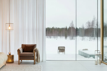 Cozy winter retreat with large windows showcasing snowy landscape and modern interior