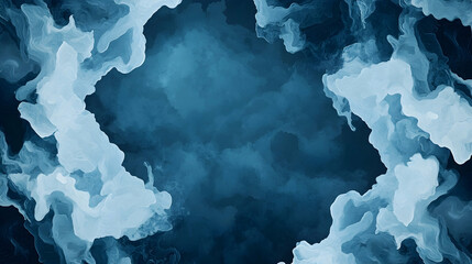 Obraz premium Abstract blue ink clouds frame, dark background, design element, website banner