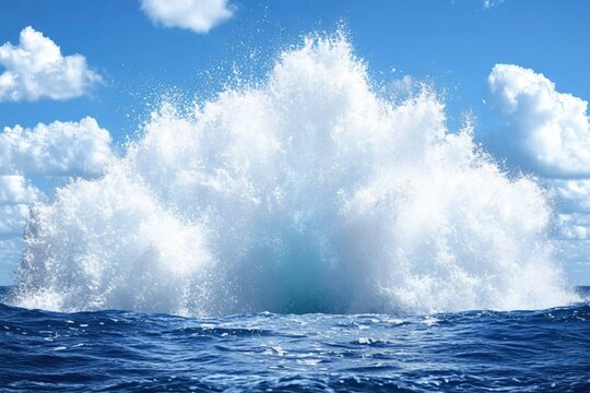 Powerful ocean wave crashing against a blue sky with white clouds in a sunny day