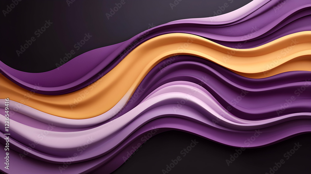 Poster abstract purple and orange waves flowing on dark background; design element for website or presentat