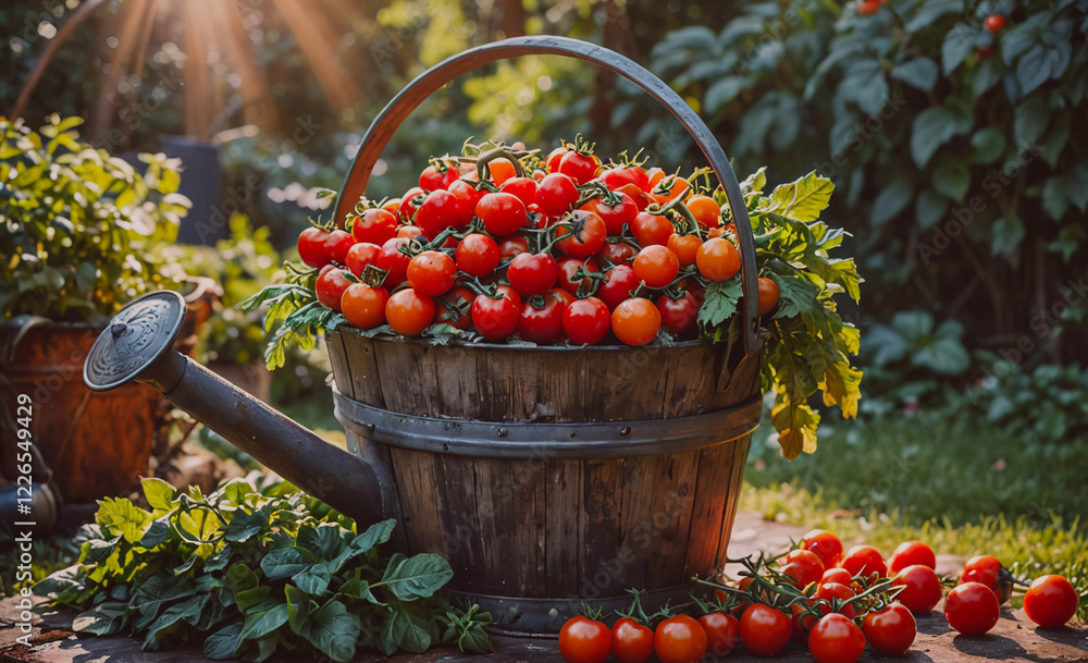 Poster a bucket full of ripe red tomatoes sits on a stone patio. the bucket is filled with tomatoes and has