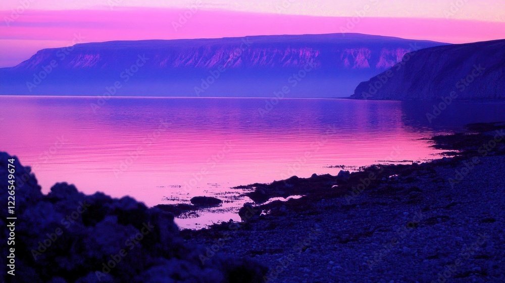 Sticker Pink and purple sunrise over a calm coastline with rocks and cliffs.