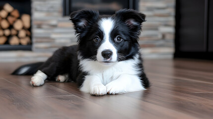 Adorable Border Collie puppy resting on hardwood floor near fireplace.  Perfect for pet, home, or family websites