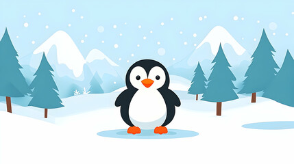 Adorable penguin in snowy mountains; winter wonderland background; children's book illustration