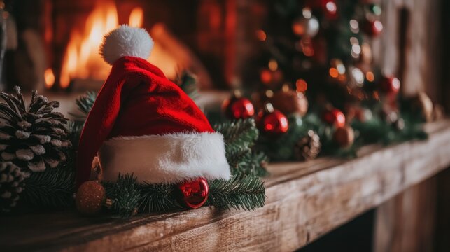 Cheerful Santa hat on a cozy fireplace mantel with holiday decorations, capturing the joyful and festive spirit of Christmas for holiday content.