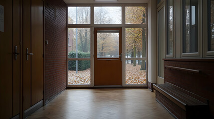 Autumnal hallway; exit to tree-lined street;  school interior; peaceful atmosphere; educational setting