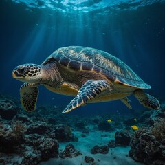 A bioluminescent sea turtle in an ethereal underwater world.