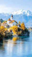Fototapeta premium Autumnal Lakeside Castle, Alpine Mountains Background, Calm Water Reflection, Tourism Postcard