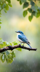 Obraz premium Bluebird perched on branch, rain, green leaves, nature background; ideal for nature websites