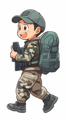 Fototapeta premium Cartoon soldier hiking, carrying backpack, map, outdoors. Ideal for children's book illustrations