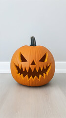 Carved Halloween pumpkin on light wood floor against a gray wall.  Perfect for seasonal greeting cards