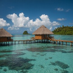 An island paradise with overwater bungalows.