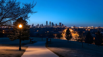 City skyline at dawn, park path, illuminated lamppost, tranquil background