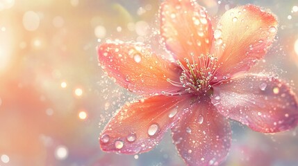 Fototapeta premium Dew-kissed peach blossom, spring garden, bokeh background, website banner