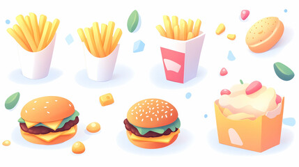 Colorful cartoon burgers and fries illustration, perfect for menus or fast food branding