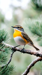 Colorful bird perched on pine branch, forest background, nature photography, website banner