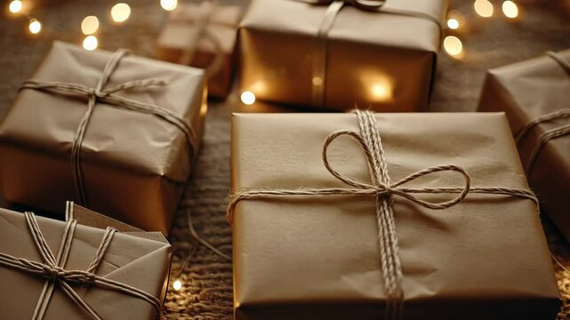Cozy wrapped gifts with twine, surrounded by warm lights.