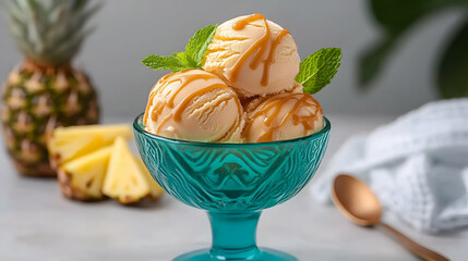 Creamy pineapple ice cream scoops in a teal bowl with caramel sauce, mint, and sliced pineapple in the background; perfect for dessert menus or food blogs