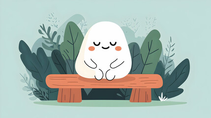 Cute character meditating on park bench, surrounded by nature; ideal for mindfulness or relaxation content