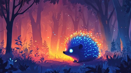 A vector illustration of a glowing hedgehog with sparkling spines, exploring an enchanted forest.