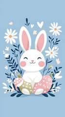 Obraz premium Cute Easter bunny sitting on eggs amidst spring flowers; pastel background, ideal for cards