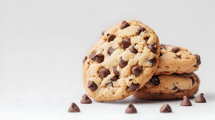 Delicious chocolate chip cookies on white background, perfect for baking blogs or food packaging