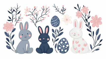 Obraz premium Easter bunnies, eggs, flowers; spring celebration design elements
