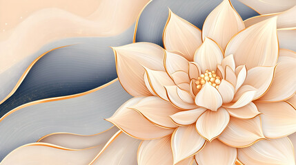 Elegant cream lotus flower on abstract wavy background;  luxury spa, wellness design