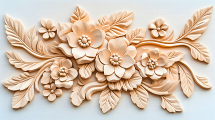 Elegant floral relief carving, wall decor, pastel peach, ornate design, interior design