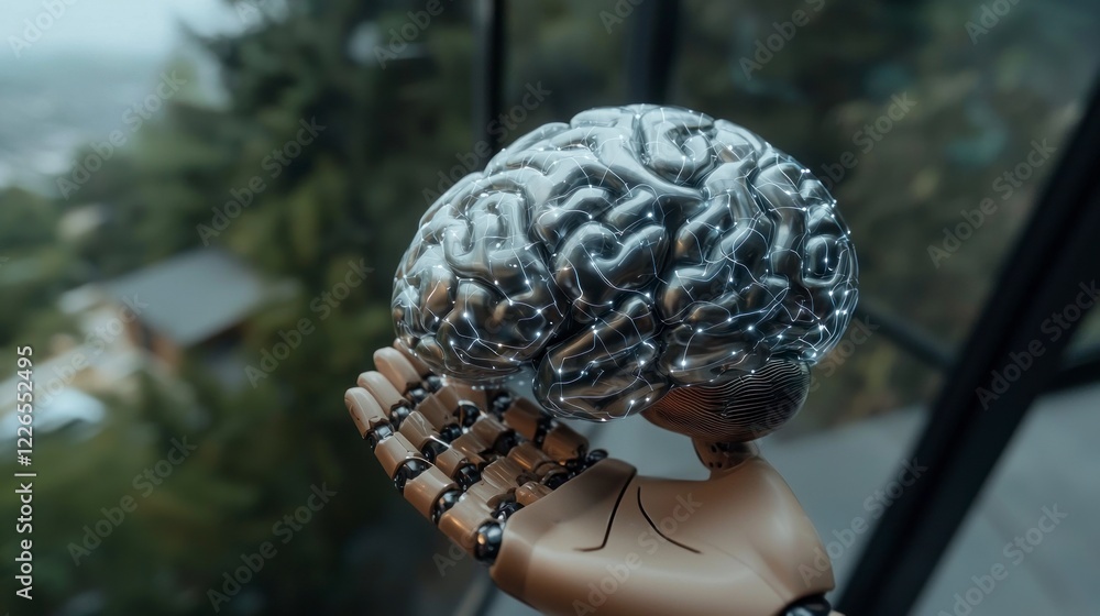 Poster futuristic ai brain in robotic hand neural network concept