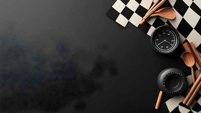 Flatlay checkered flag, kitchen utensils, timer on dark background; cooking competition concept