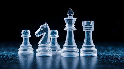 Glass chess pieces on dark surface; strategy, competition, planning, decision-making concept; business background