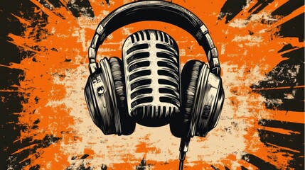 A vintage microphone with headphones against a vibrant orange background, symbolizing music and audio.