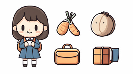 Girl student with backpack, carrots, camera, and bag; school day illustration