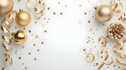 Golden Christmas ornaments, confetti, and ribbons on white background; festive holiday celebration; perfect for greeting cards