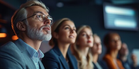 Obraz premium Business professionals engaged in an important presentation during a conference in a modern venue