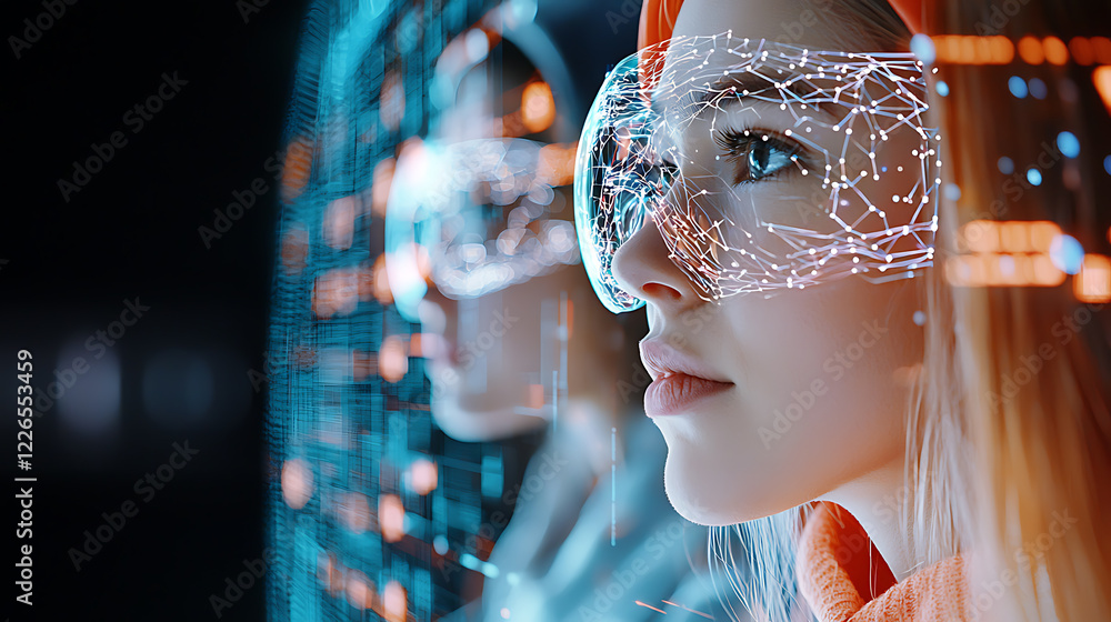Poster futuristic technology interaction urban setting digital portrait high-tech environment close-up view