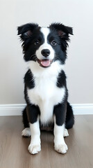 Happy puppy sitting indoors, hardwood floor background, pet portrait, perfect for websites or greeting cards