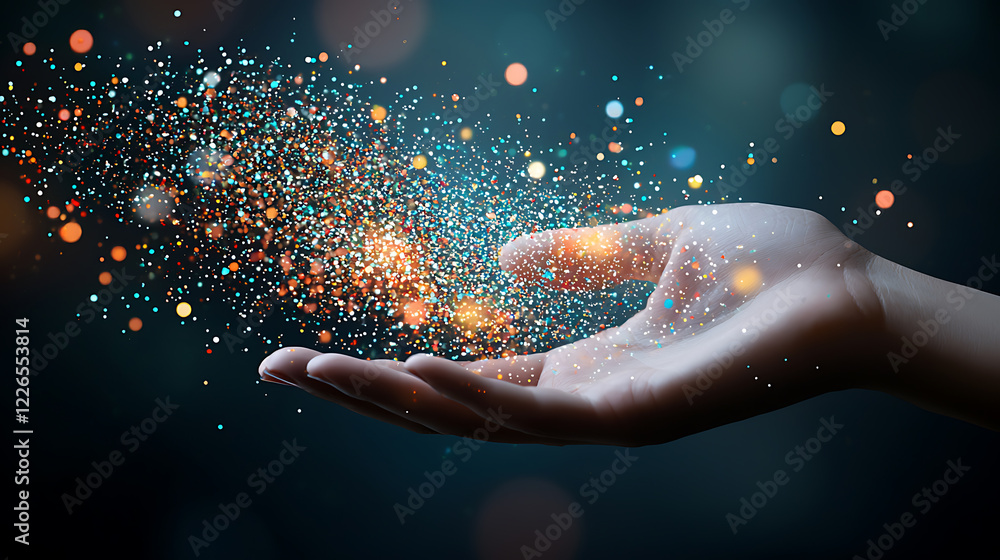 Aufkleber creating magic hand releasing sparkling particles studio digital art abstract close-up imagination