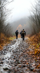 Obraz premium Hikers on muddy autumn trail, misty forest background. Perfect for travel blogs, outdoor gear ads