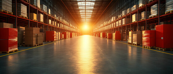 Fototapeta premium Sunset Warehouse Interior, Boxes, Logistics