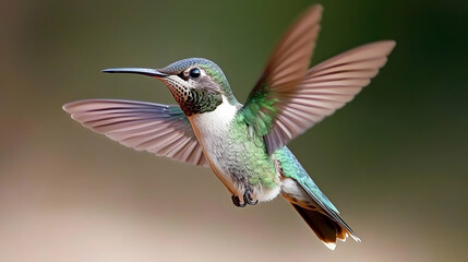 Naklejka premium Hummingbird in flight, garden background, nature photography, wildlife