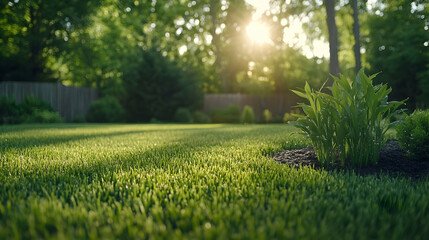 Lush green lawn, sunset backdrop, backyard garden, peaceful scene