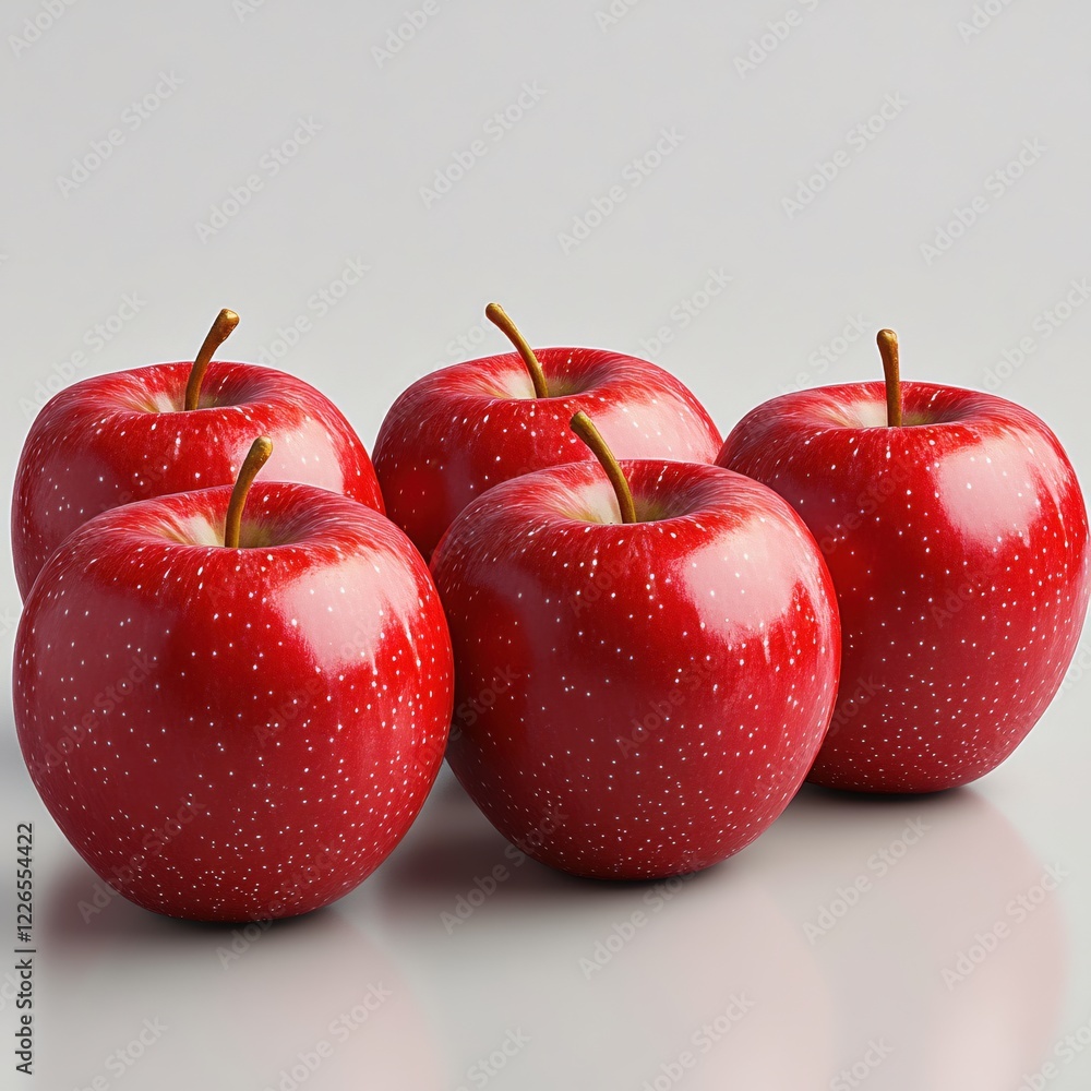 Poster five shiny red apples with stems arranged on a plain white surface in a still life style